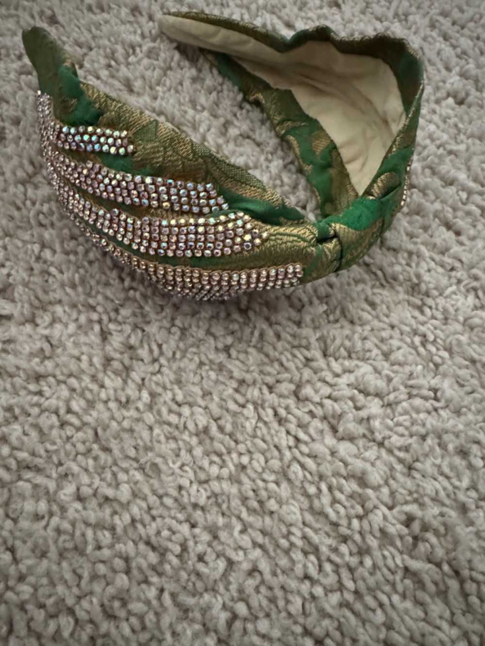 Green Satin Padded Headband with Rhinestone Accents